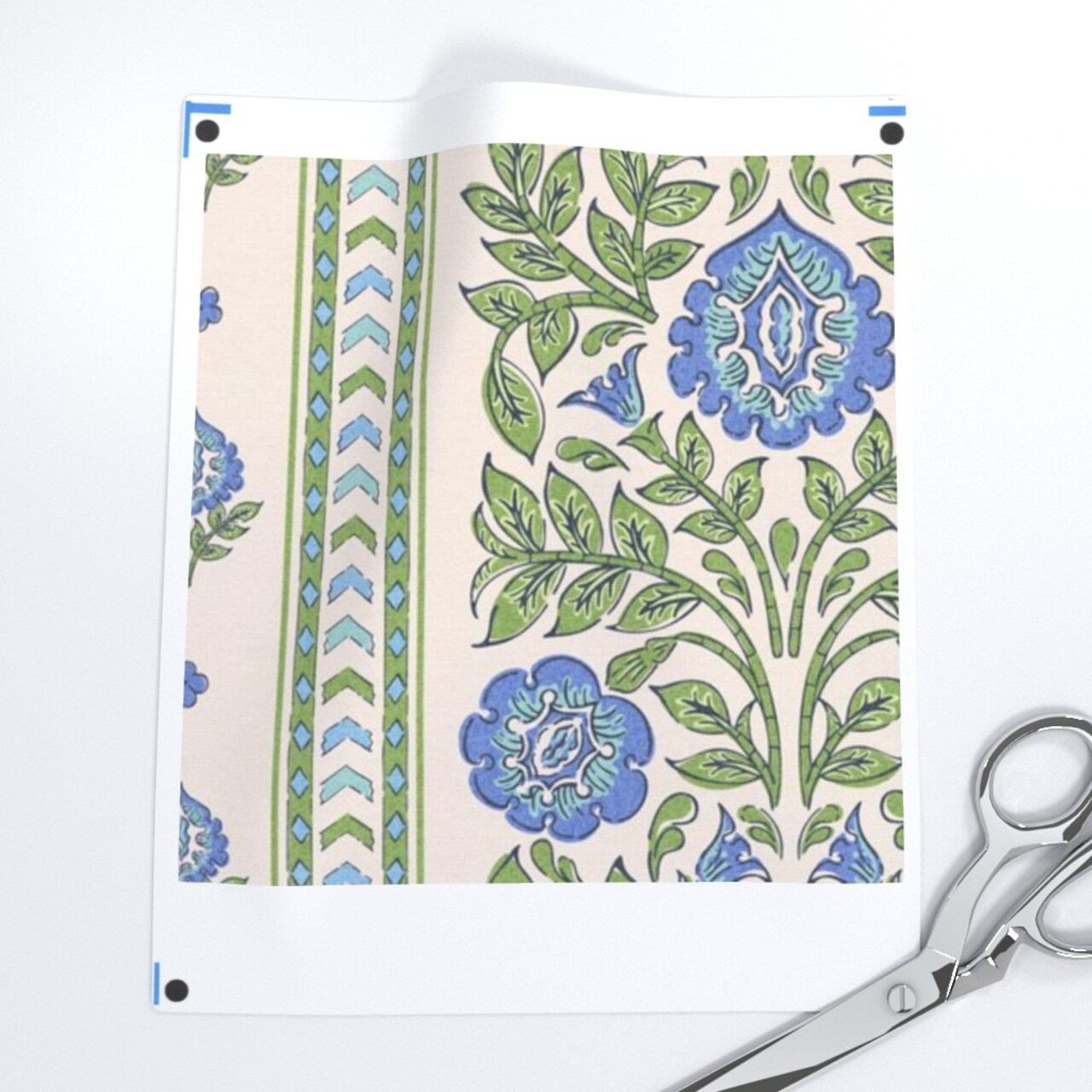 Indian Floral Blue Flowers Green Botanical Traditional Large Scale Stamped Stripes Custom Printed Fabric by Spoonflower Various Fabrics by the Yard or Fat Quarter